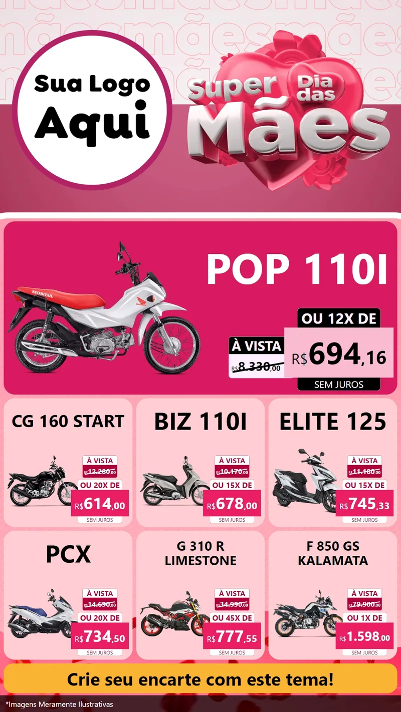Modelo de Rede Social para Stories com o tema Super Dia Das Mães para Concessionaria de Motos