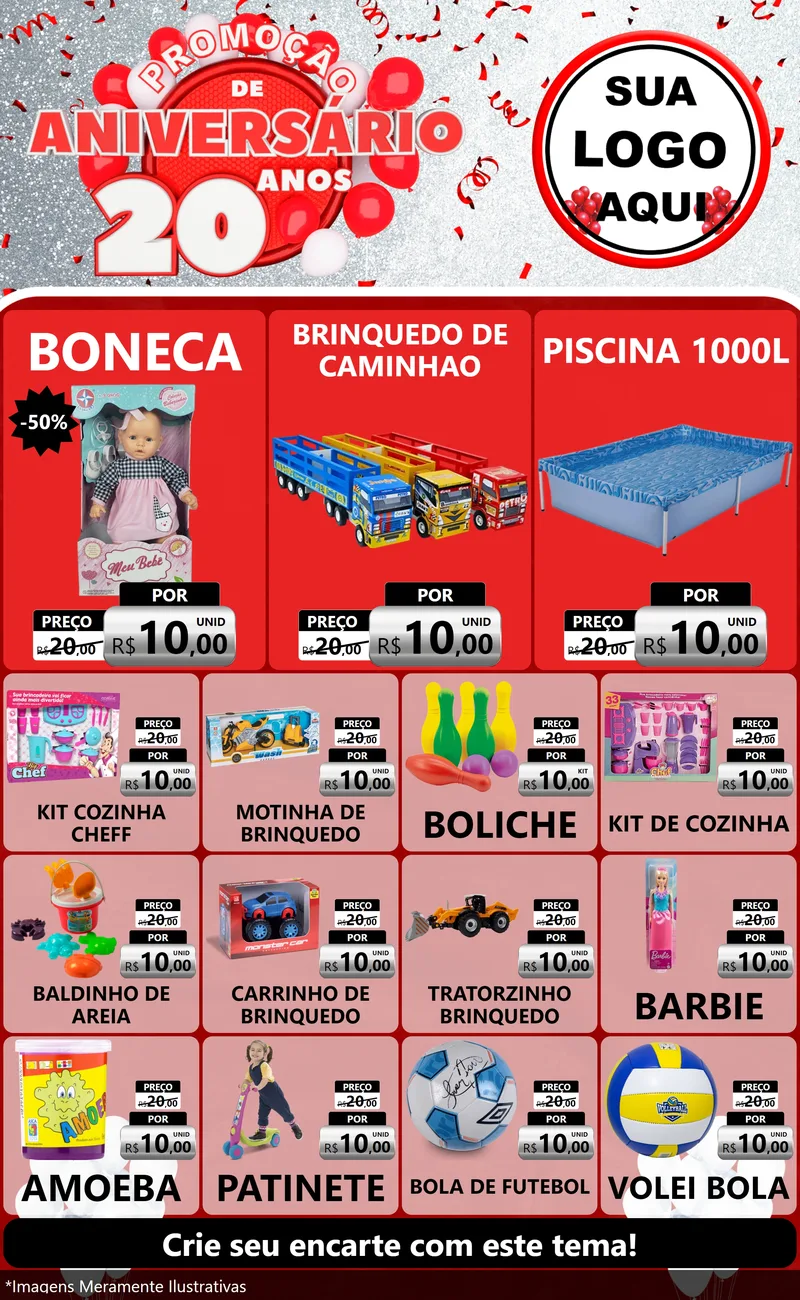 Modelo de Encarte para Encarte Grande com o tema Promoção de Aniversário - 20 Anos para Brinquedos