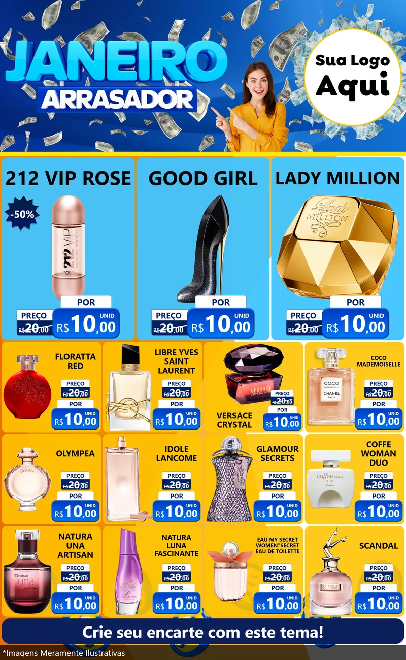 Modelo de Encarte para Encarte Grande com o tema Janeiro Arrasador para Perfumes
