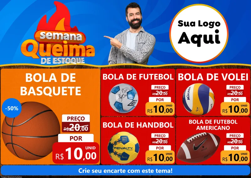 Modelo de Encarte para Encarte A4 Horizontal com o tema Semana Queima de Estoque para Artigos Esportivos