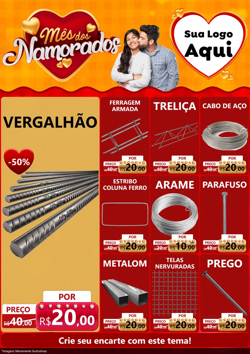 Modelo de Encarte para Encarte A4 Vertical com o tema Mês dos Namorados para Ferragens