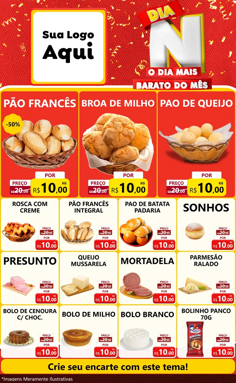 Modelo de Encarte para Encarte Grande com o tema Dia N o Dia Mais Barato do Mês para Padaria