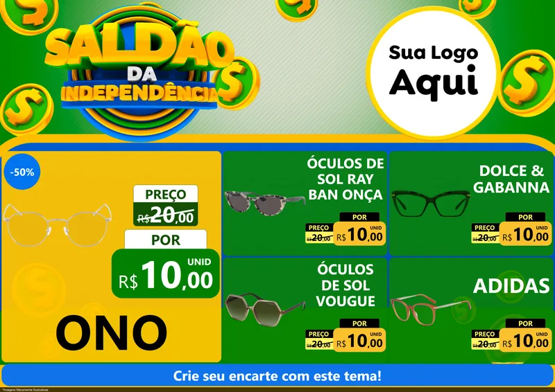 Modelo de Encarte para Encarte A4 Horizontal com o tema Saldão da Indepêndencia para Óticas
