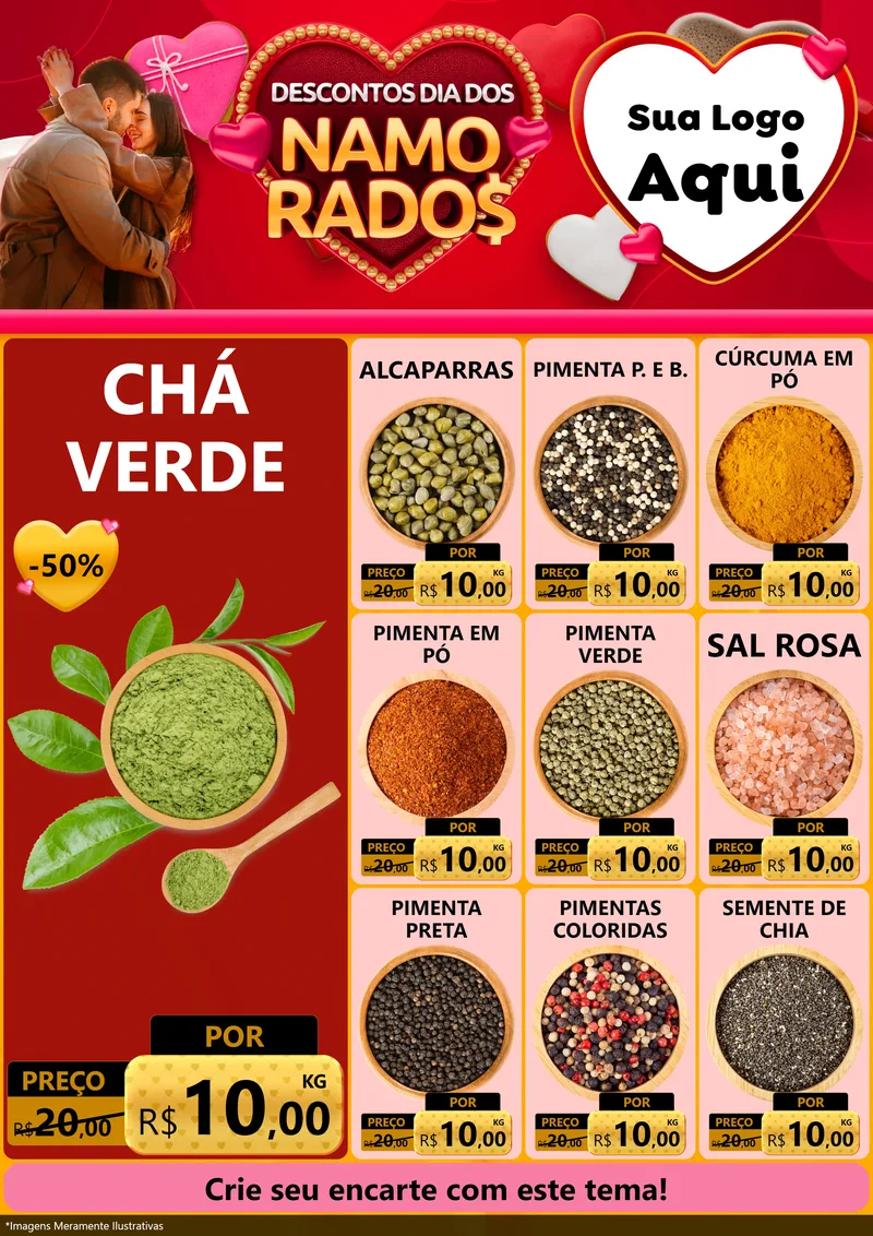 Modelo de Encarte para Encarte A4 Vertical com o tema Descontos Dia dos Namorados para Produtos Naturais