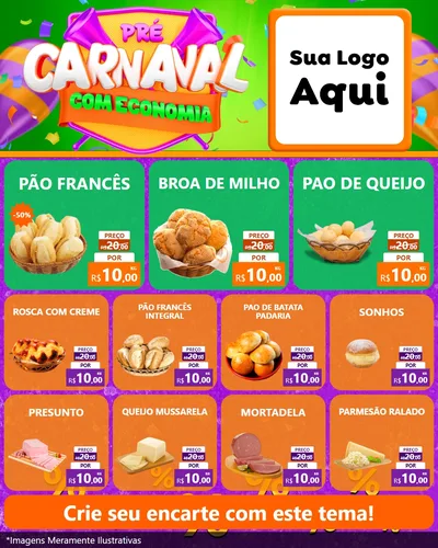 Modelo de Rede Social para Feed Instagram com o tema Pré-Carnaval Com Economia para Padaria