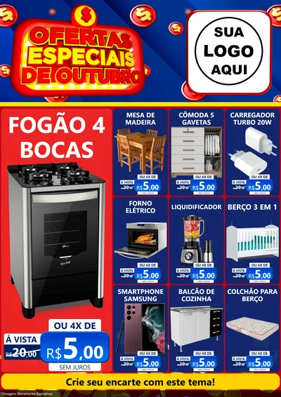 Modelo de Encarte para Encarte A4 Vertical com o tema Ofertas Especiais de Outubro para Móveis e Eletro