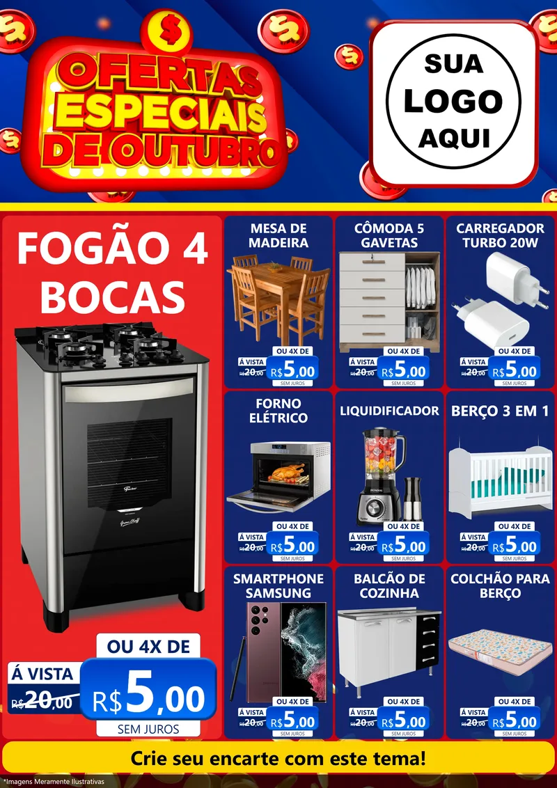 Modelo de Encarte para Encarte A4 Vertical com o tema Ofertas Especiais de Outubro para Móveis e Eletro
