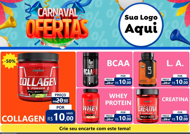 Modelo de Encarte para Encarte A4 Horizontal com o tema Carnaval de Ofertas para Suplementos alimentares