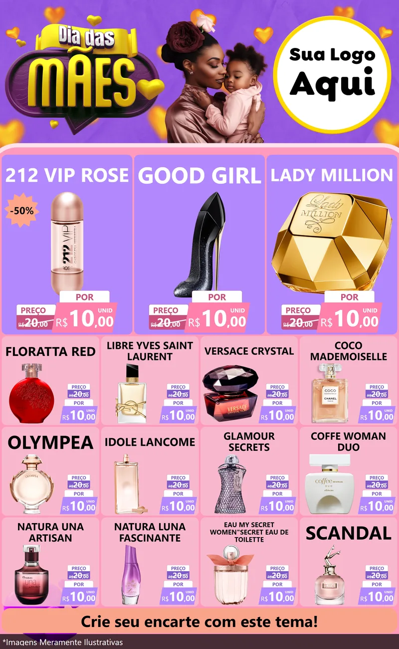 Modelo de Encarte para Encarte Grande com o tema Dia das Mães para Perfumes