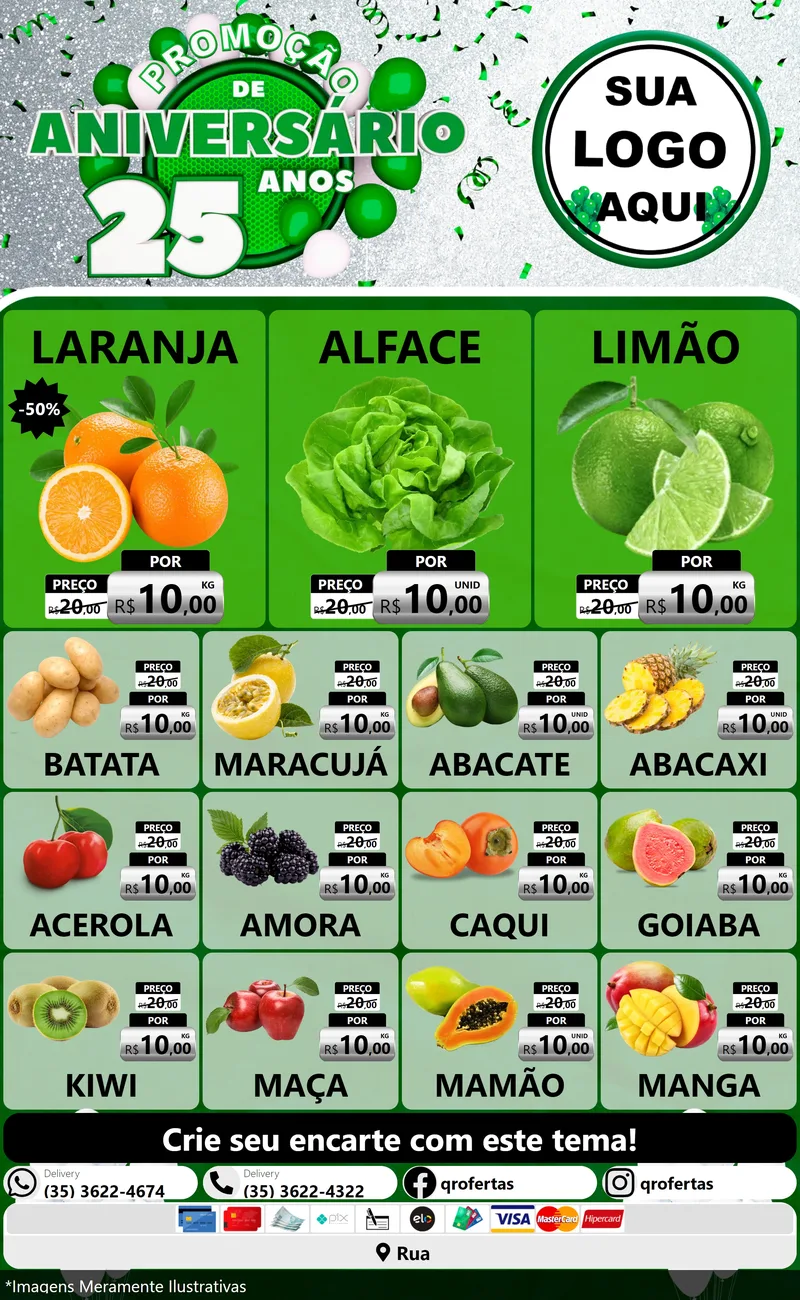 Modelo de Encarte para Encarte Grande com o tema Promoção de Aniversário - 25 Anos para Hortifrúti