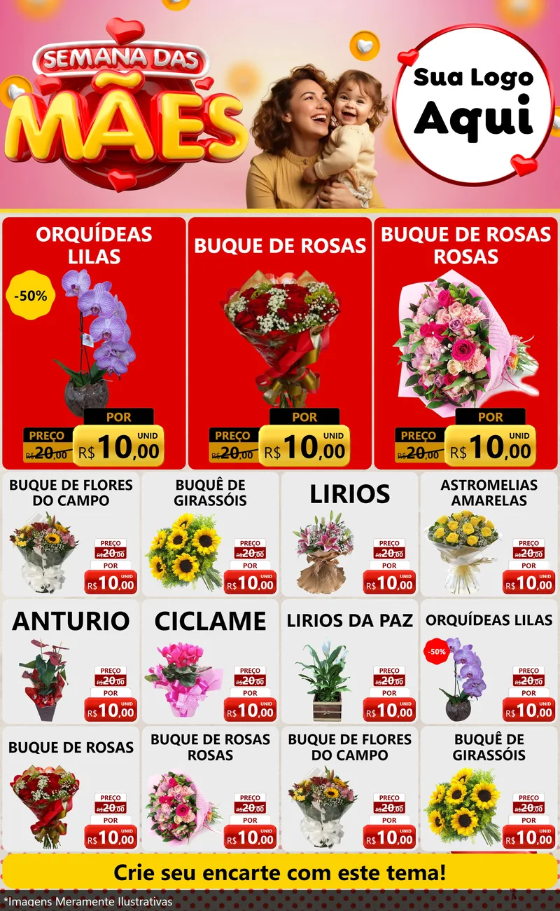 Modelo de Encarte para Encarte Grande com o tema Semana das Mães para Floricultura e jardim