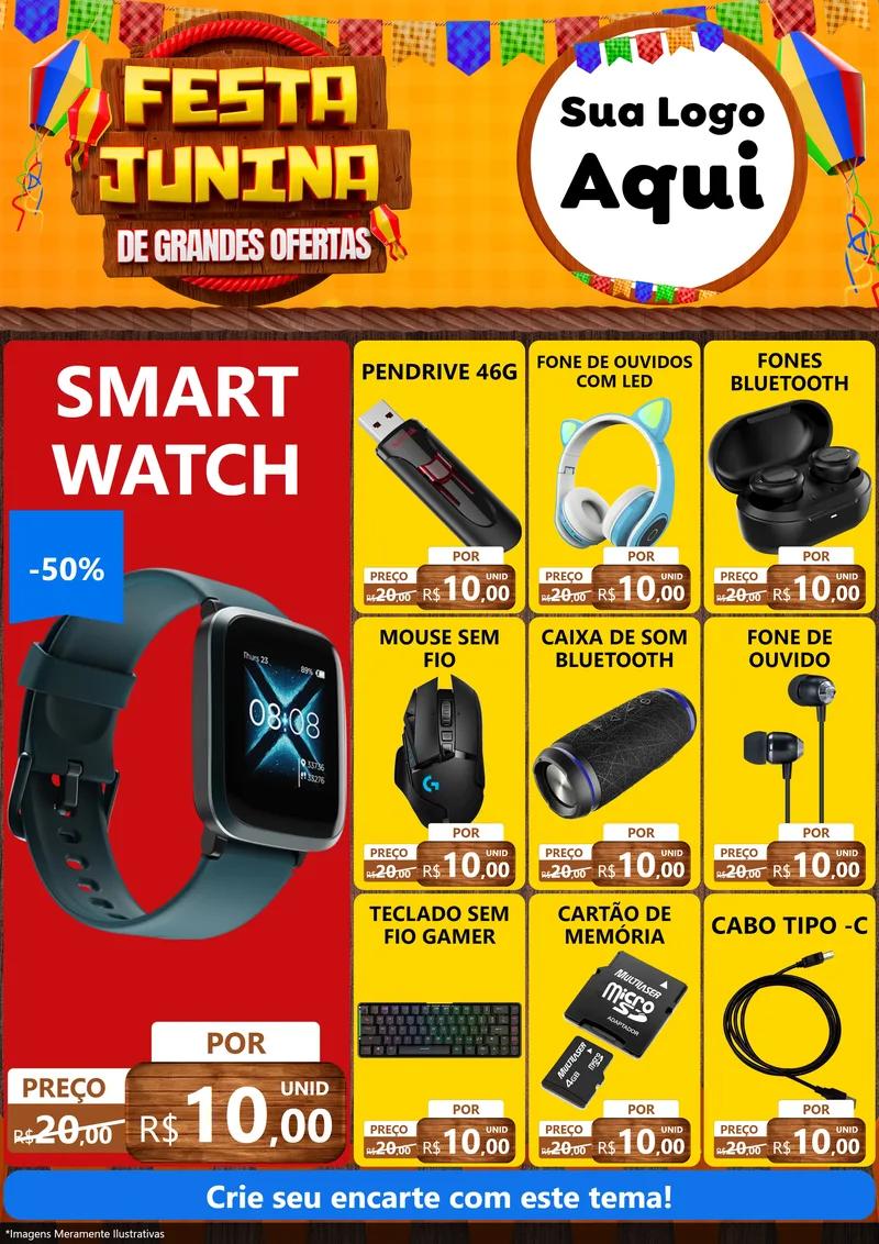 Modelo de Encarte para Encarte A4 Vertical com o tema Festa Junina de Grandes Ofertas para Informática