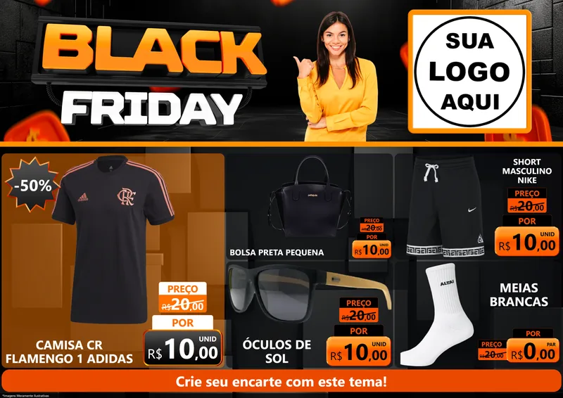 Modelo de Encarte para Encarte A4 Horizontal com o tema Black Friday para Roupas e acessórios
