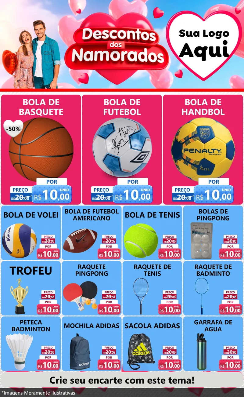 Modelo de Encarte para Encarte Grande com o tema Descontos dos Namorados para Artigos Esportivos