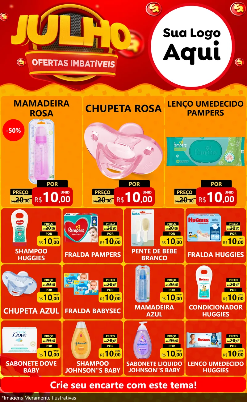 Modelo de Encarte para Encarte Grande com o tema Julho Ofertas Imbatíveis para Bebês