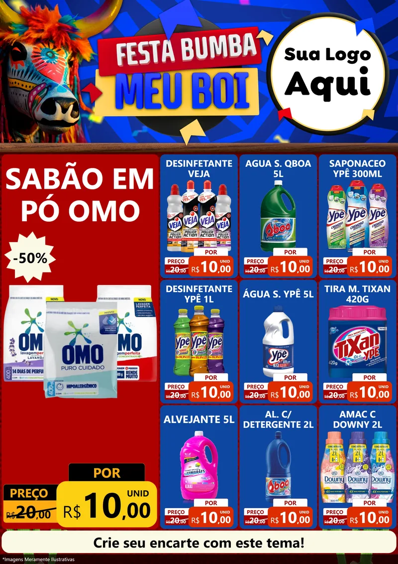 Modelo de Encarte para Encarte A4 Vertical com o tema Festa Bumba meu Boi para Produtos de Limpeza