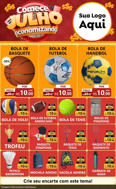 Modelo de Encarte para Encarte Grande com o tema Comece Julho Economizando para Artigos Esportivos