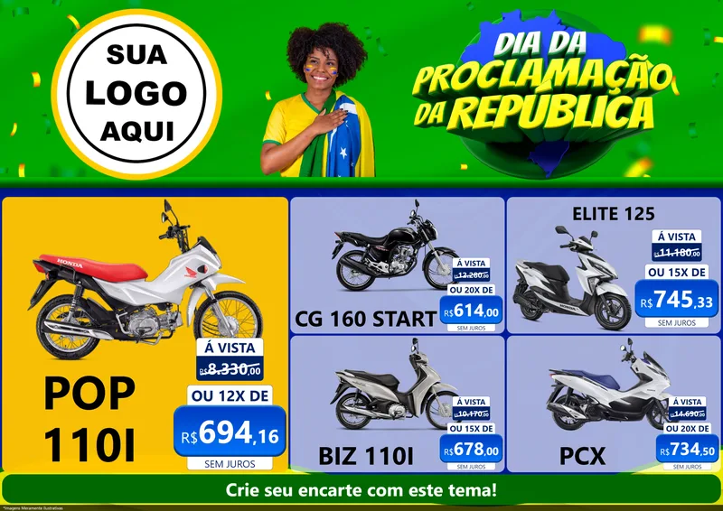 Modelo de Encarte para Encarte A4 Horizontal com o tema Dia Da Proclamação Da República para Concessionaria de Motos