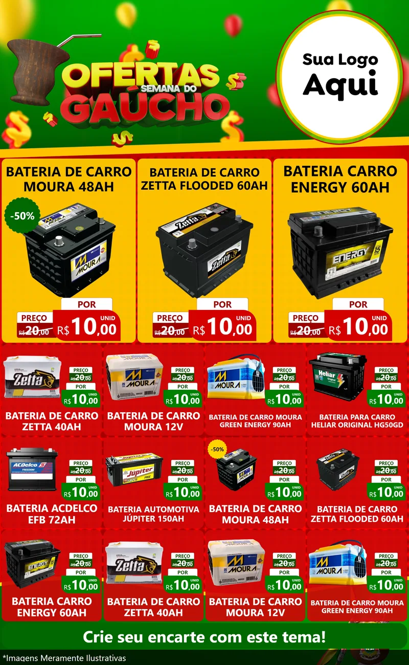 Modelo de Encarte para Encarte Grande com o tema Ofertas Semana Do Gaúcho para Baterias Elétricas