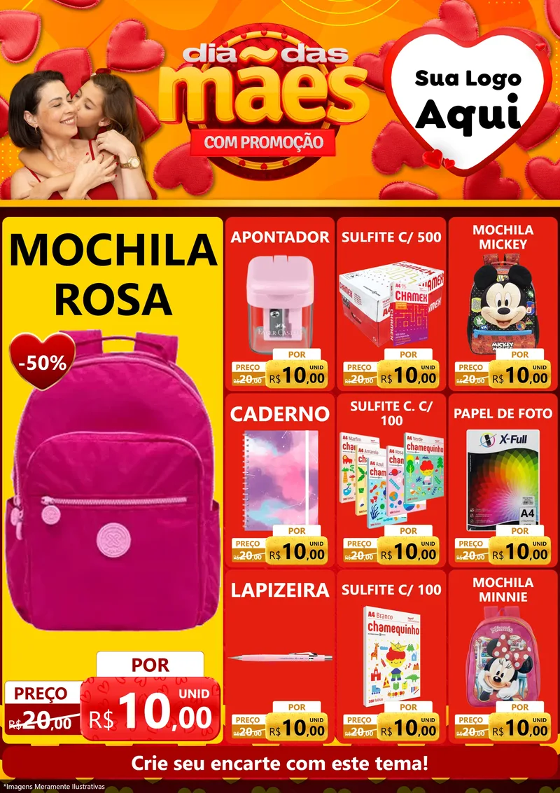 Modelo de Encarte para Encarte A4 Vertical com o tema Dia das Mães com Promoção para Papelaria