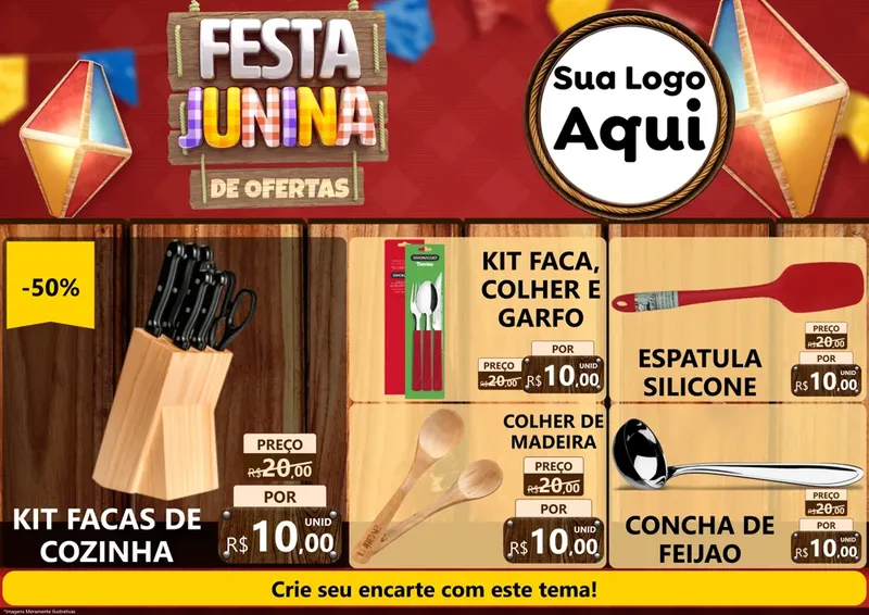 Modelo de Encarte para Encarte A4 Horizontal com o tema Festa Junina de Ofertas para Utilidades Domésticas
