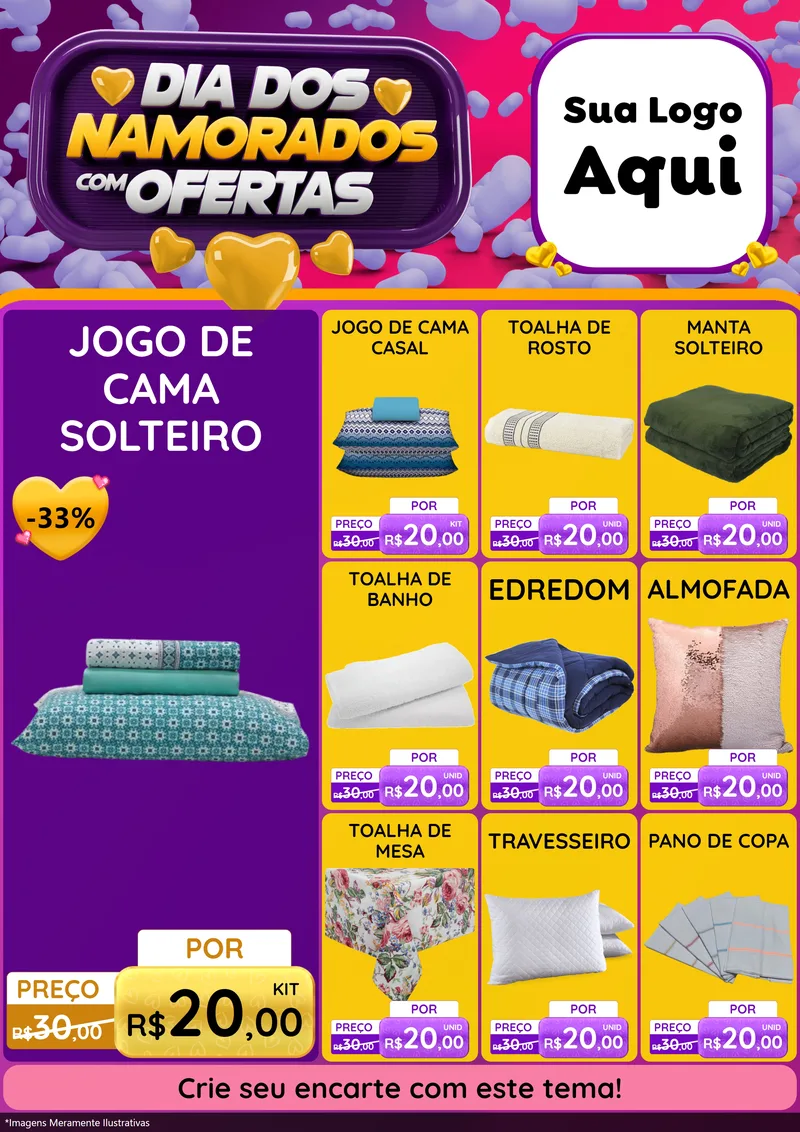 Modelo de Encarte para Encarte A4 Vertical com o tema Dia Dos Namorados Com Ofertas para Cama, Mesa e Banho