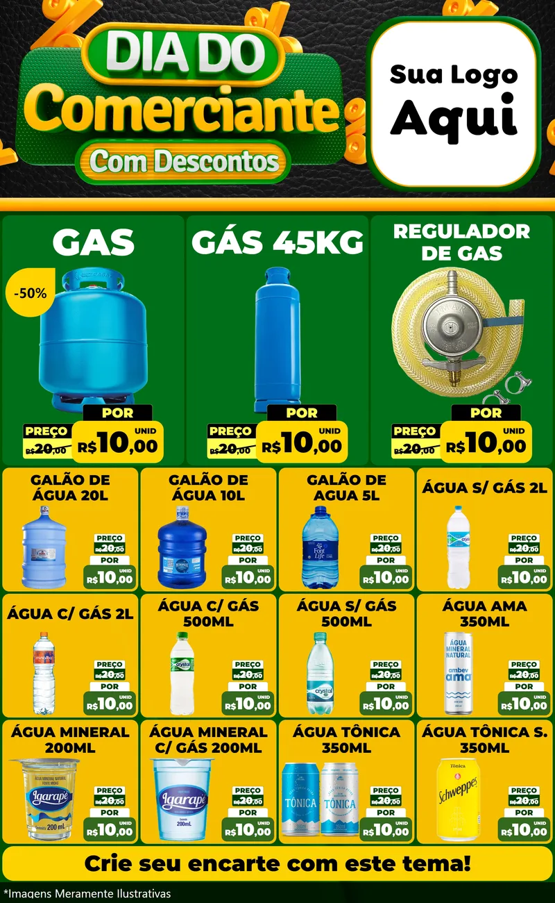 Modelo de Encarte para Encarte Grande com o tema Dia do Comerciante com Descontos para Água e gás