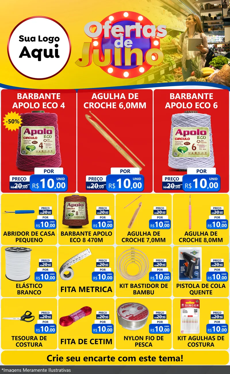 Modelo de Encarte para Encarte Grande com o tema Ofertas de Julho para Armarinho e Aviamentos
