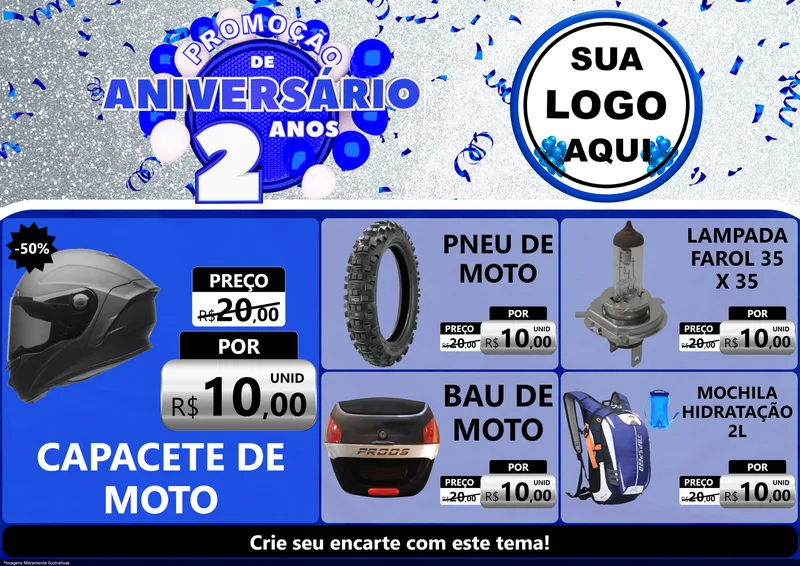 Modelo de Encarte para Encarte A4 Horizontal com o tema Promoção de Aniversário - 2 Anos para Moto peças