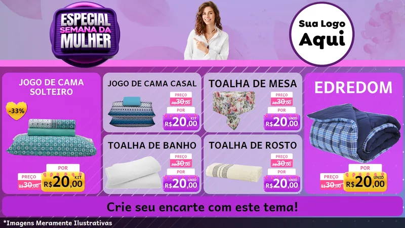 Modelo de TV para TV Horizontal com o tema Especial Semana da Mulher para Cama, Mesa e Banho