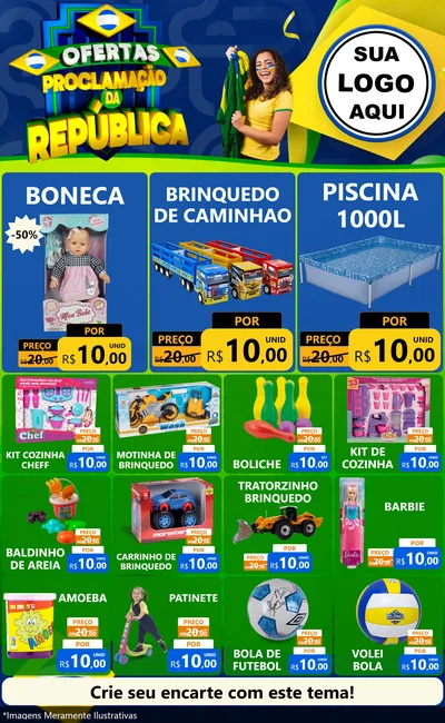 Modelo de Encarte para Encarte Grande com o tema Ofertas Proclamação da República para Brinquedos