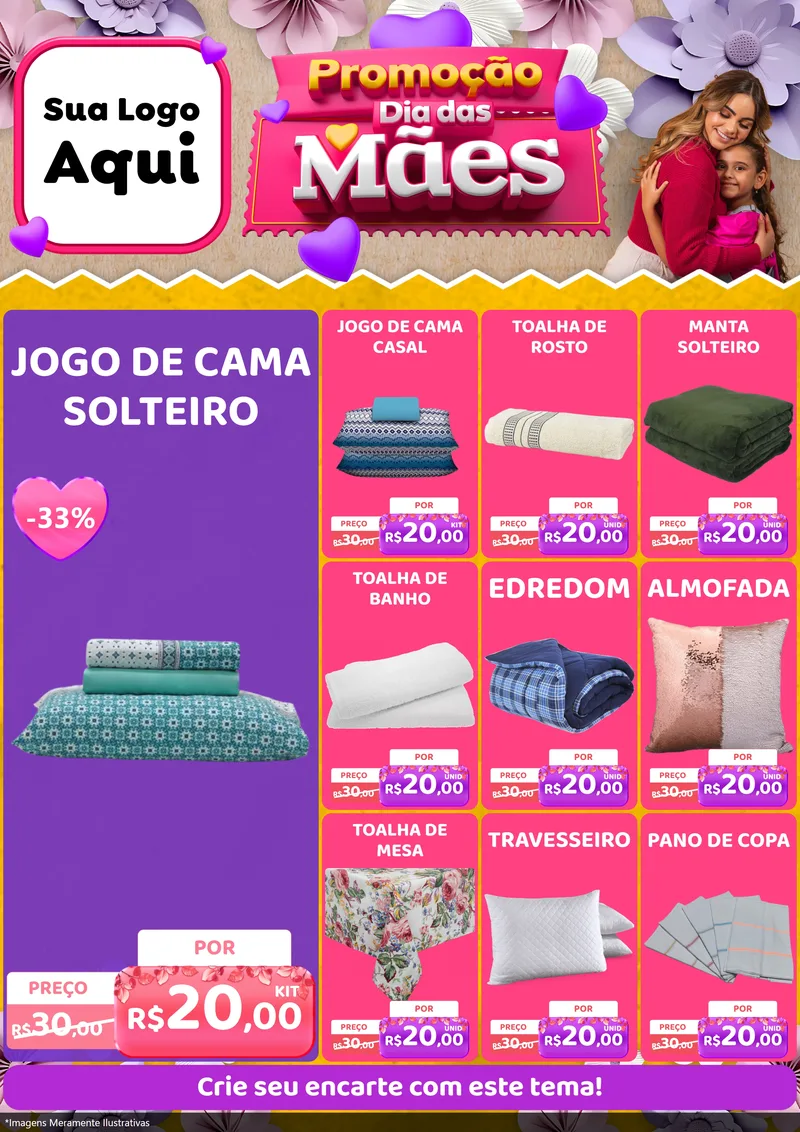 Modelo de Encarte para Encarte A4 Vertical com o tema Promoção Dia das Mães para Cama, Mesa e Banho