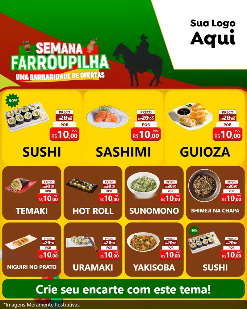 Modelo de Rede Social para Feed Instagram com o tema Semana Farroupilha - Uma Barbaridade de Ofertas para Comida japonesa