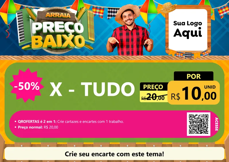 Modelo de Cartaz para Cartaz A4 Horizontal com o tema Arraiá de Preço Baixo - Junina para Hamburgueria