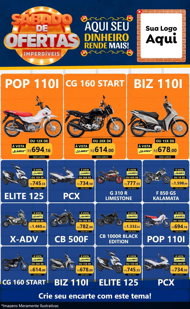 Modelo de Encarte para Encarte Grande com o tema Sábado de Ofertas Imperdíveis para Concessionaria de Motos