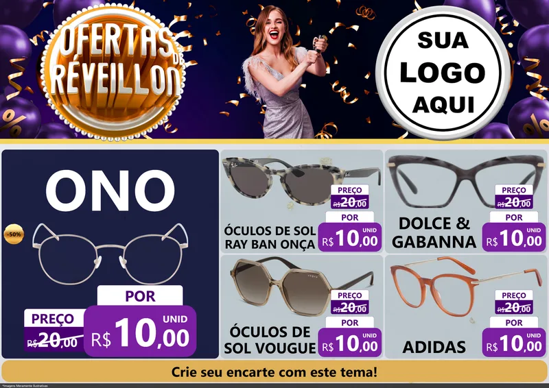 Modelo de Encarte para Encarte A4 Horizontal com o tema Ofertas de Réveillon para Óticas