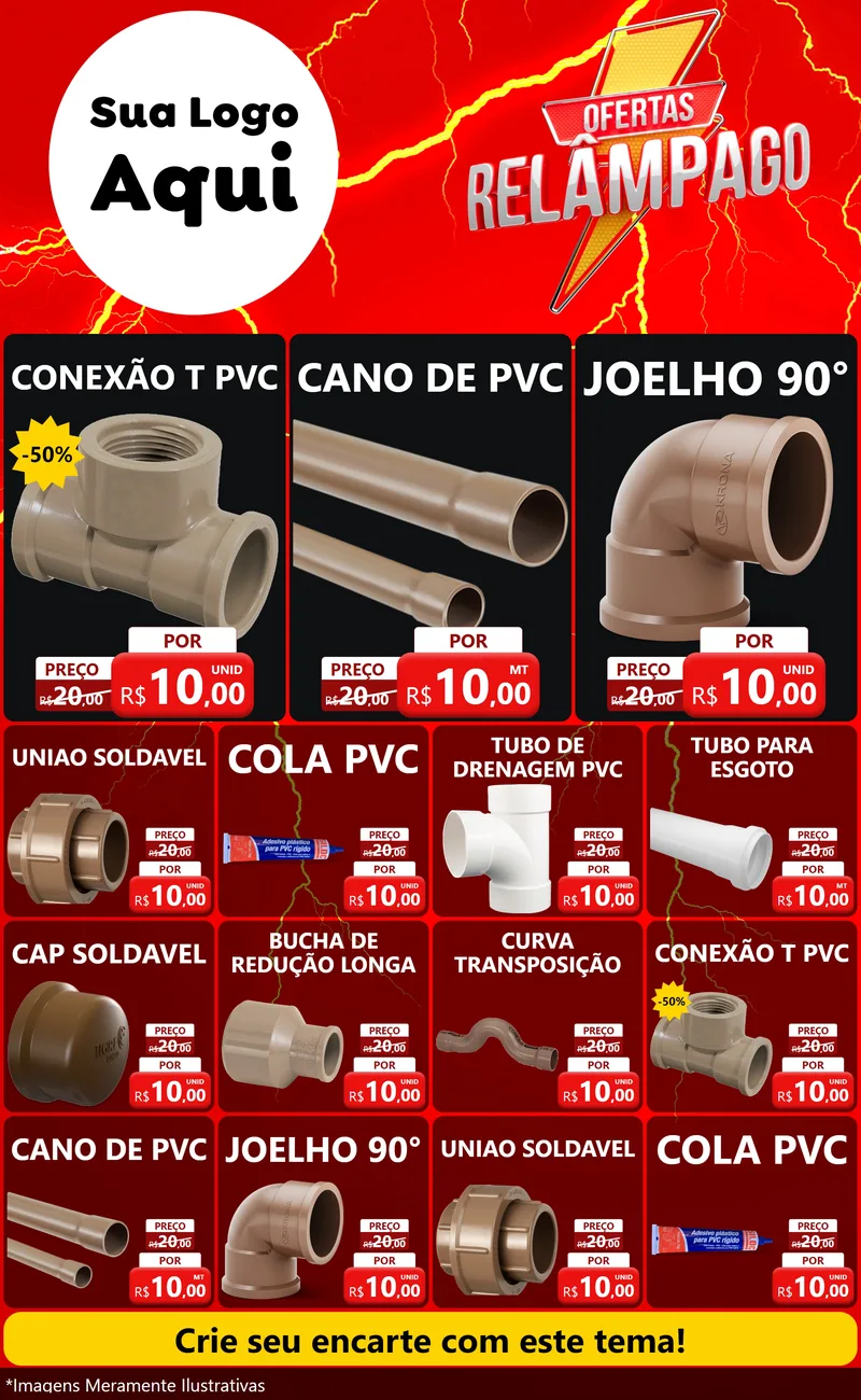 Modelo de Encarte para Encarte Grande com o tema Ofertas Relâmpago para Tubos e conexões