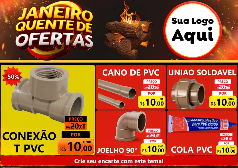 Modelo de Encarte para Encarte A4 Horizontal com o tema Janeiro Quente de Ofertas para Tubos e conexões