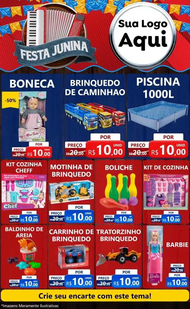Modelo de Encarte para Encarte Grande com o tema Festa Junina para Brinquedos