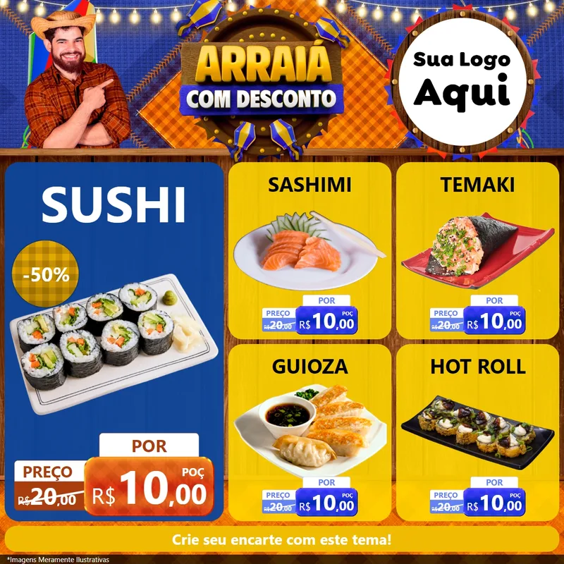 Modelo de Rede Social para Feed Facebook com o tema Arraiá Com Desconto para Comida japonesa