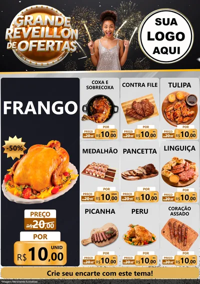 Modelo de Encarte para Encarte A4 Vertical com o tema Grande Réveillon de Ofertas para Assados