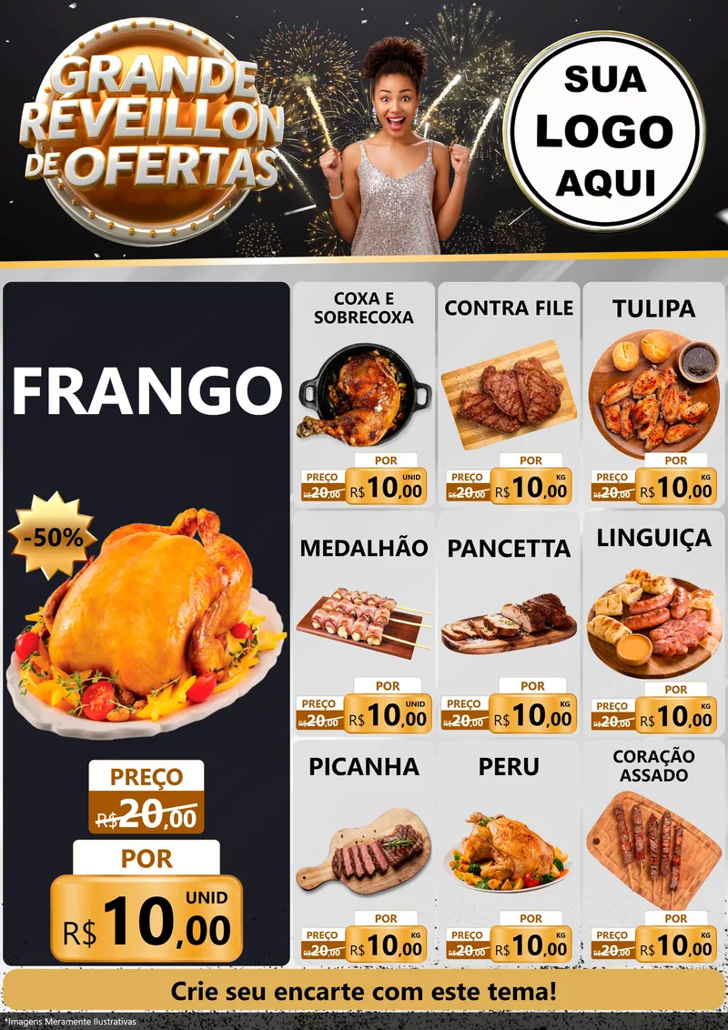 Modelo de Encarte para Encarte A4 Vertical com o tema Grande Réveillon de Ofertas para Assados