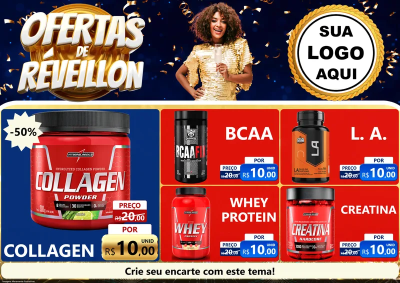 Modelo de Encarte para Encarte A4 Horizontal com o tema Ofertas de Réveillon para Suplementos alimentares