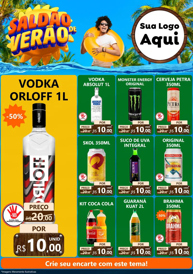 Modelo de Encarte para Encarte A4 Vertical com o tema Saldão de Verão para Distribuidora de bebidas