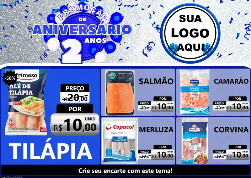 Modelo de Encarte para Encarte A4 Horizontal com o tema Promoção de Aniversário - 2 Anos para Peixaria
