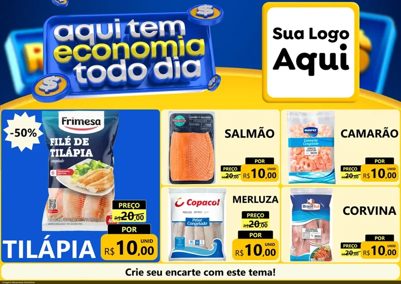 Modelo de Encarte para Encarte A4 Horizontal com o tema Aqui Tem Economia Todo Dia para Peixaria
