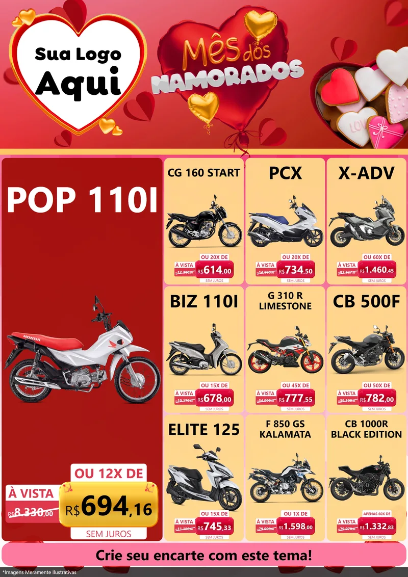 Modelo de Encarte para Encarte A4 Vertical com o tema Mês dos Namorados para Concessionaria de Motos
