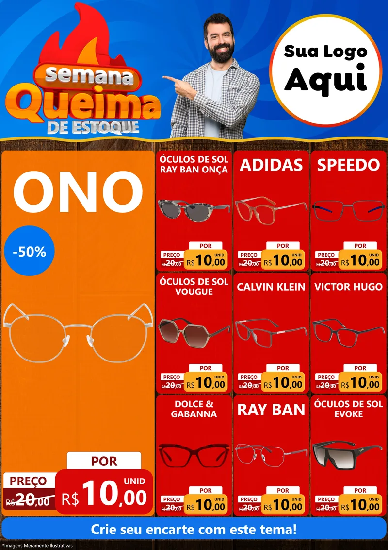Modelo de Encarte para Encarte A4 Vertical com o tema Semana Queima de Estoque para Óticas