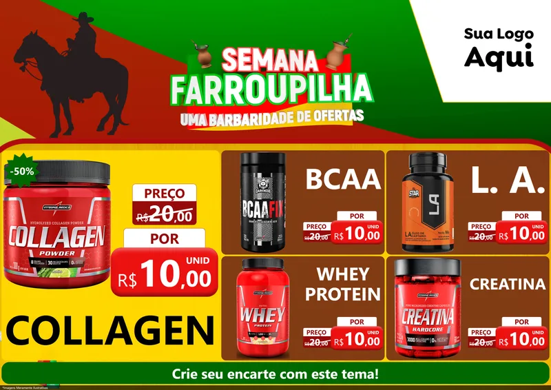 Modelo de Encarte para Encarte A4 Horizontal com o tema Semana Farroupilha - Uma Barbaridade de Ofertas para Suplementos alimentares