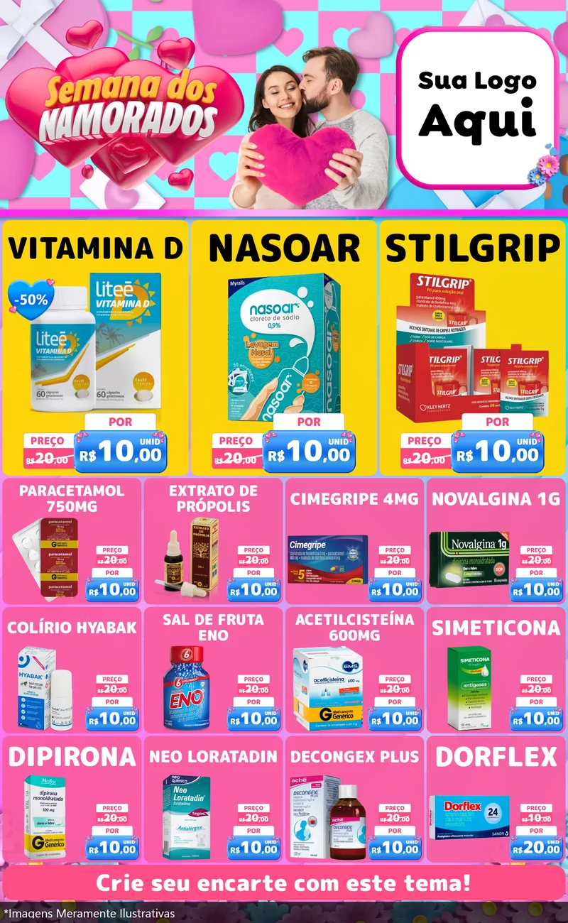 Modelo de Encarte para Encarte Grande com o tema Semana dos Namorados para Farmácia